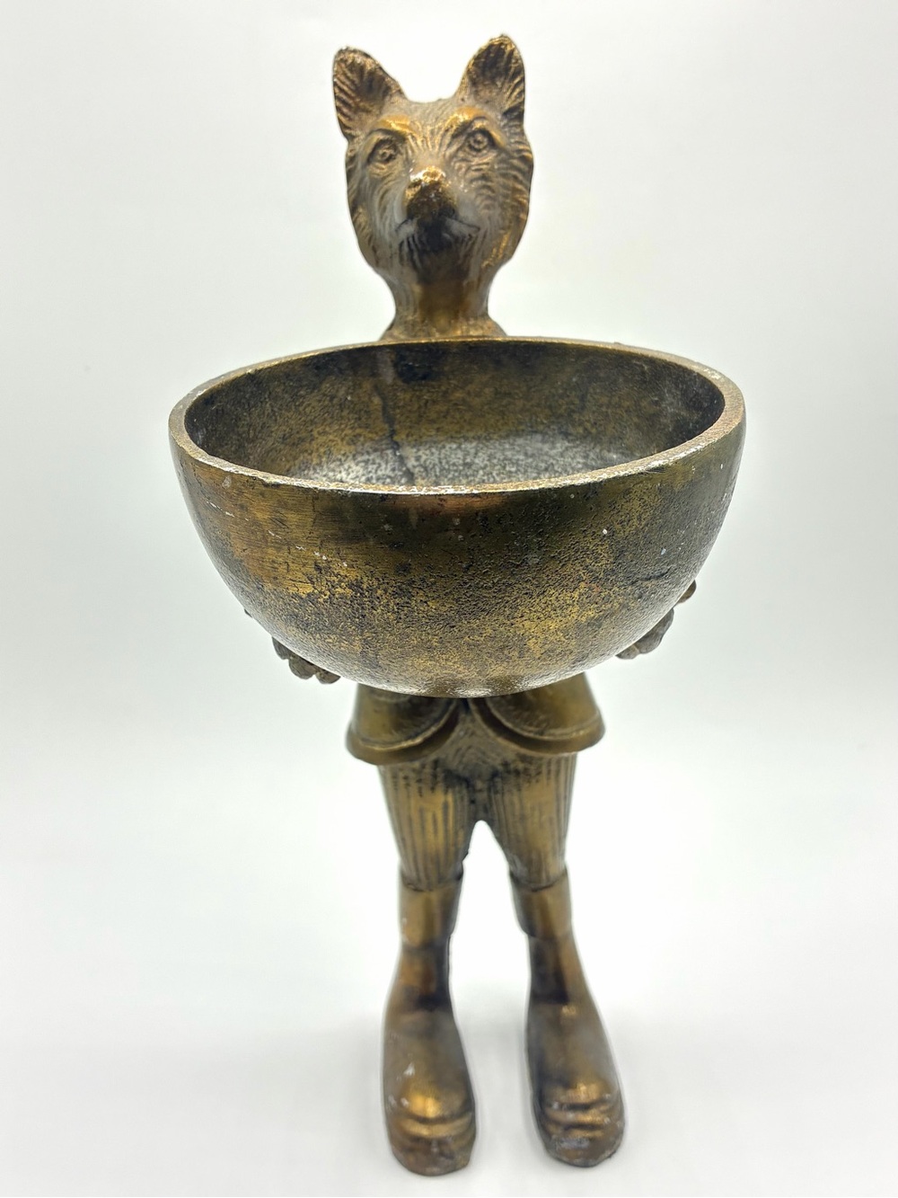 Brass Tone Fox Butler Figurine Bowl Catchall 12” Tall Heavy Metal